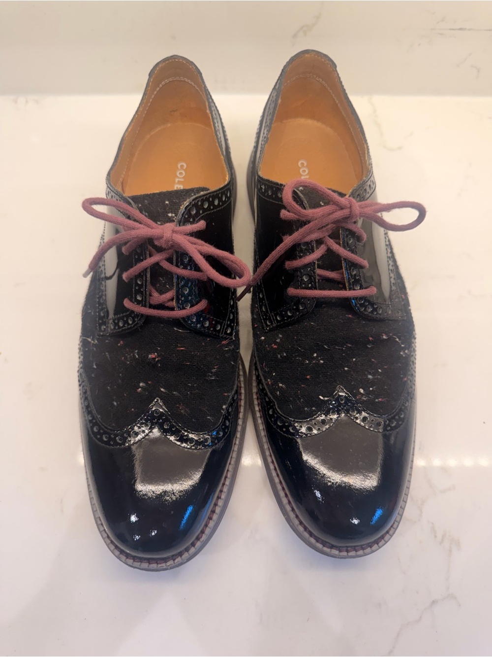 Black Patent Brogue Oxfords with red/pink/mauve Laces